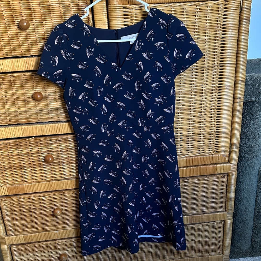 LOFT Dark Blue Dress with Feather Pattern